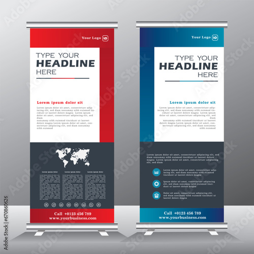 Business roll up banner stand template design, vertical banner for brochure, flyer, infographics. modern advertising. vector illustration