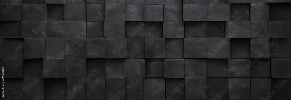 Black antharcite dark stone concrete cement texture with square cubes mosaic background panorama banner long - obrazy, fototapety, plakaty 