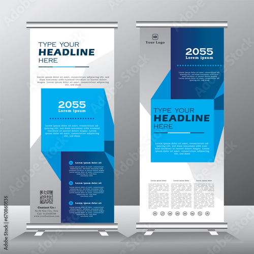 Roll-up banner template, advertising banner template, stand for presentations, exhibitions, promotional products, conferences, seminars, photo placement, text, stylish geometric blue background