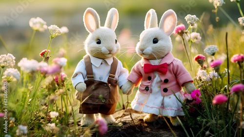 Greeting card, Valentine's Day. Toy loving bunnies among flowers.