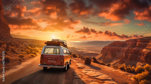 A van traveling at sunset in nature on a canyon path