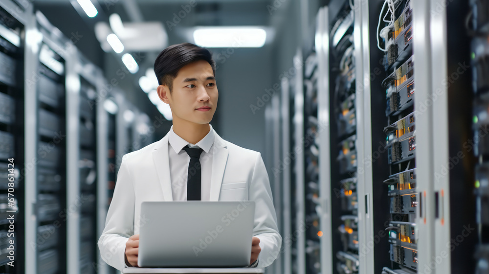 Fototapeta premium Server Room Asian Specialist, Cyber Security Concept. Portrait of Man. Formal wear. System Engineer with Laptop Computer. Data Protection Network, Ai Generative
