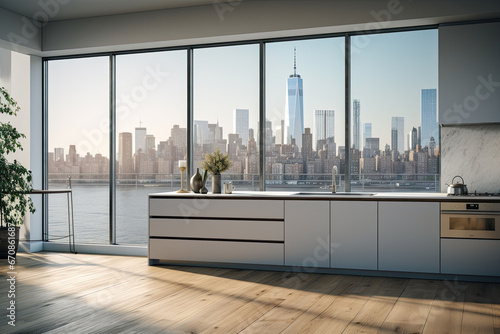 Luxury kitchen interior with white marble countertop, sink and window with panoramic view