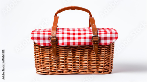 A wicker picnic basket with gingham cloth on white background