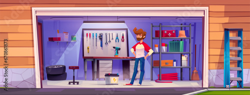 Young man stands at entrance to garage with rack and wall board for storage, working tools, and car repair elements. Cartoon vector illustration of carport and storeroom interior with instruments.