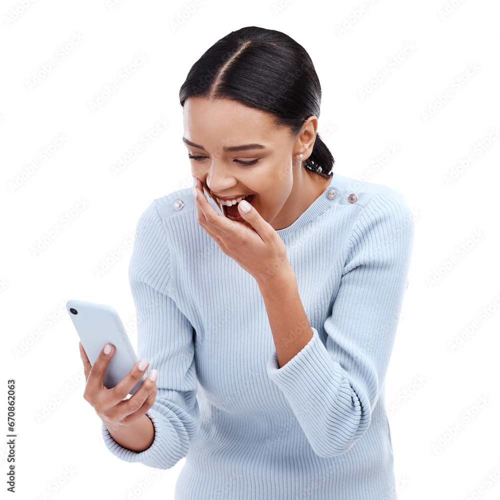 Cellphone, surprise and woman with news, giveaway and happy girl isolated against a transparent background. Female person, shocked or model with a smartphone, mobile notification and png with success Cellphone, surprise and woman with news, giveaway and happy girl isolated against a transparent background. Female person, shocked or model with a smartphone, mobile notification and png with success