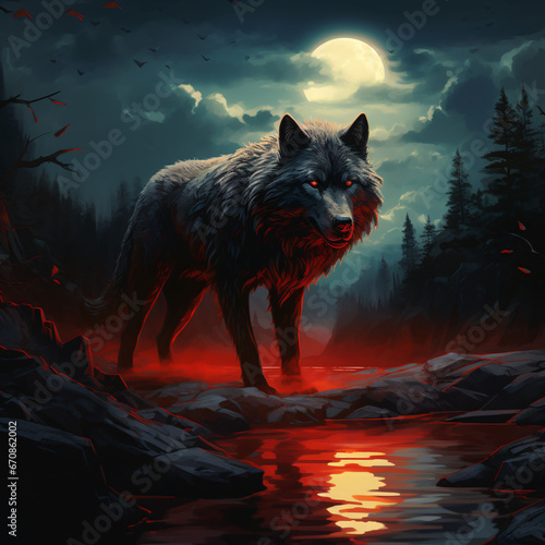 A wolf with glowing red eyes stands on a rocky river
