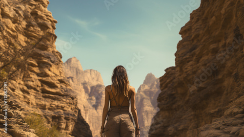 A young woman alone in nature seen from behind