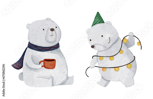 Polar bear with christmas costume . Watercolor paint cartoon characters . Isolated . Set 4 of 8 . Vector .