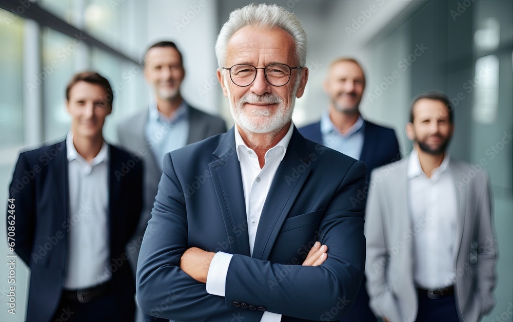 Portrait of successful senior businessman standing with his arms crossed businessman and businesswoman over big group of businesspe. Caucasian male entrepreneur in suit looking at camera with a smile. Portrait of successful senior businessman standing with his arms crossed businessman and businesswoman over big group of businesspe. Caucasian male entrepreneur in suit looking at camera with a smile.