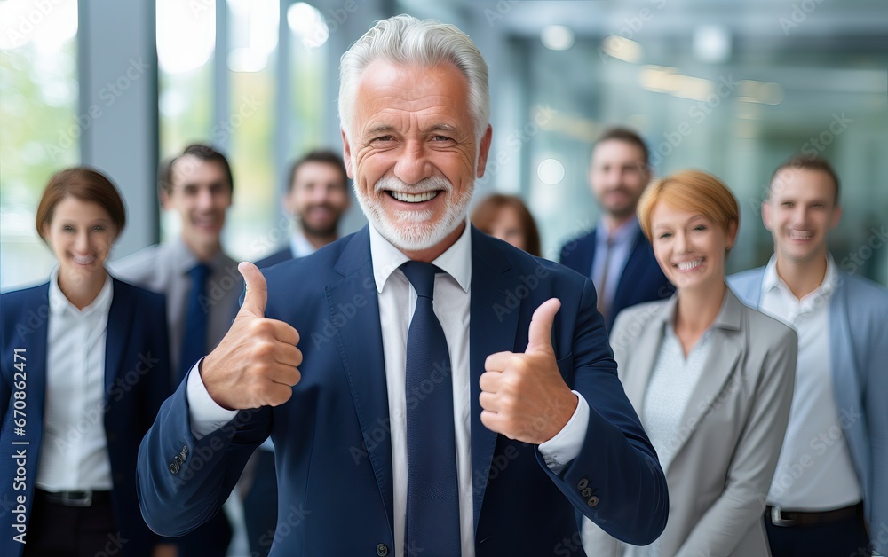 Portrait of successful senior businessman standing with his arms crossed businessman and businesswoman over big group of businesspe. Caucasian male entrepreneur in suit looking at camera with a smile. Portrait of successful senior businessman standing with his arms crossed businessman and businesswoman over big group of businesspe. Caucasian male entrepreneur in suit looking at camera with a smile.