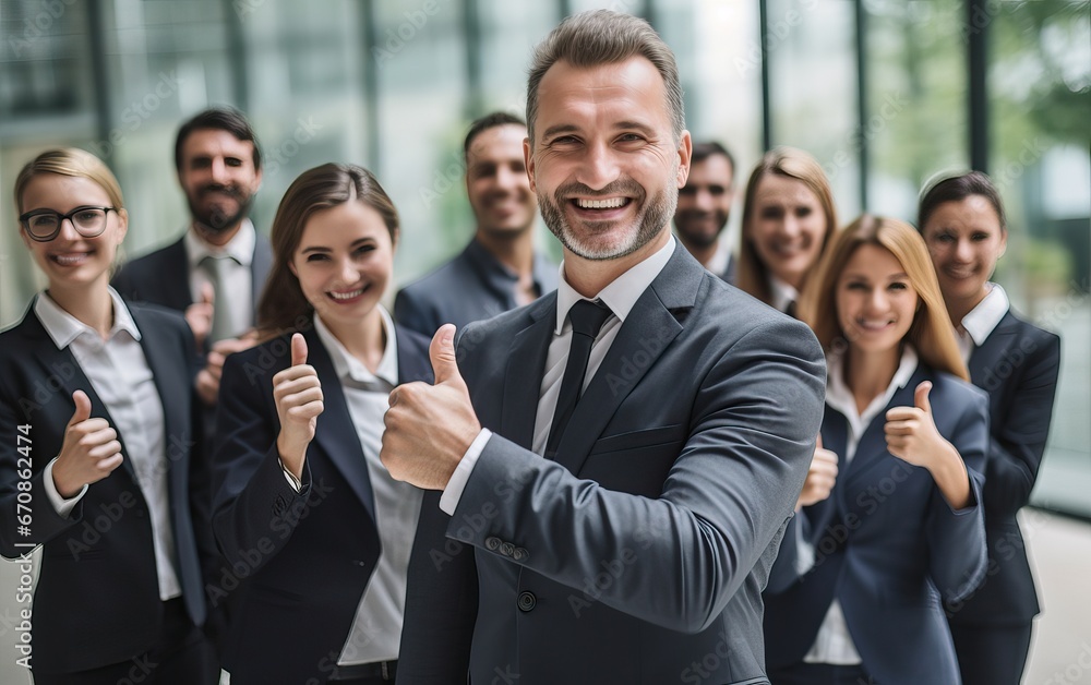 Businessman standing folded hand smile, businessman and businesswoman over big group of businesspeople background Businessman standing folded hand smile, businessman and businesswoman over big group of businesspeople background
