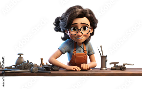 Gina the Glassworker Women with Different Instrument 3D Character Isolated on Transparent Background PNG. photo