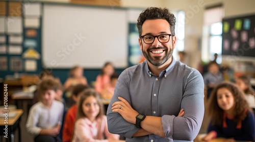 Portrait of confident Caucasian male teacher in classroom
