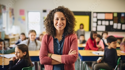 Happy smiling middle aged woman elementary or junior school female teacher standing in the classroom looking at camera.
