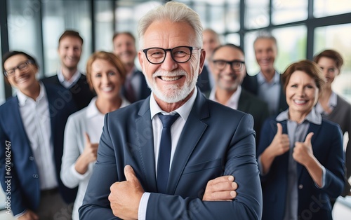 Portrait of successful senior businessman standing with his arms crossed businessman and businesswoman over big group of businesspe. Caucasian male entrepreneur in suit looking at camera with a smile. photo