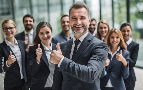 Businessman standing folded hand smile, businessman and businesswoman over big group of businesspeople background 