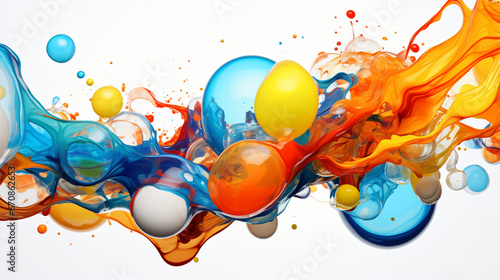 Abstract colorful random flying spheres ink white background