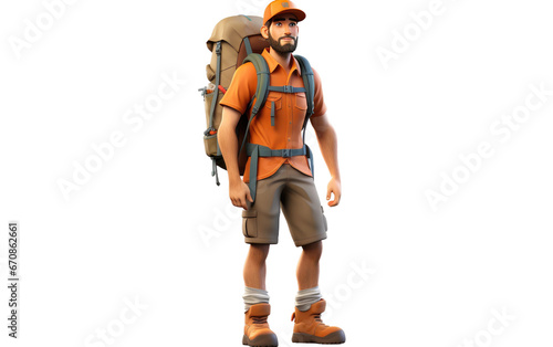 Young Man Trekking in the Mountains 3D Character Isolated on Transparent Background PNG.