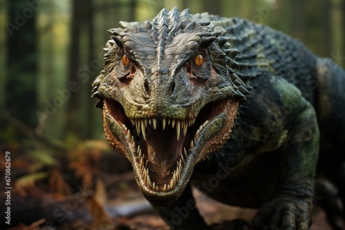 Dinosaur with open mouth and teeth running in the forest © shehbaz