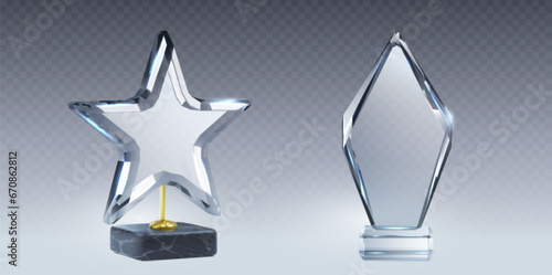 Glass trophy star and rhombus mockup with empty transparent acrylic shape on base. Realistic vector set of plexiglass award for sport competition winner or business achievement and recognition prize.