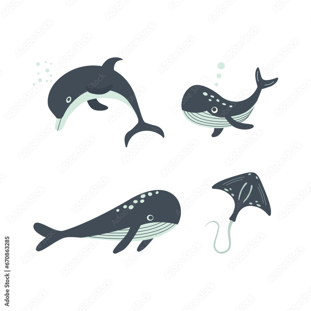 A set of cute marine animals - a whale and a sperm whale, a dolphin and a stingray. Vector illustration. A set of cute marine animals - a whale and a sperm whale, a dolphin and a stingray. Vector illustration.