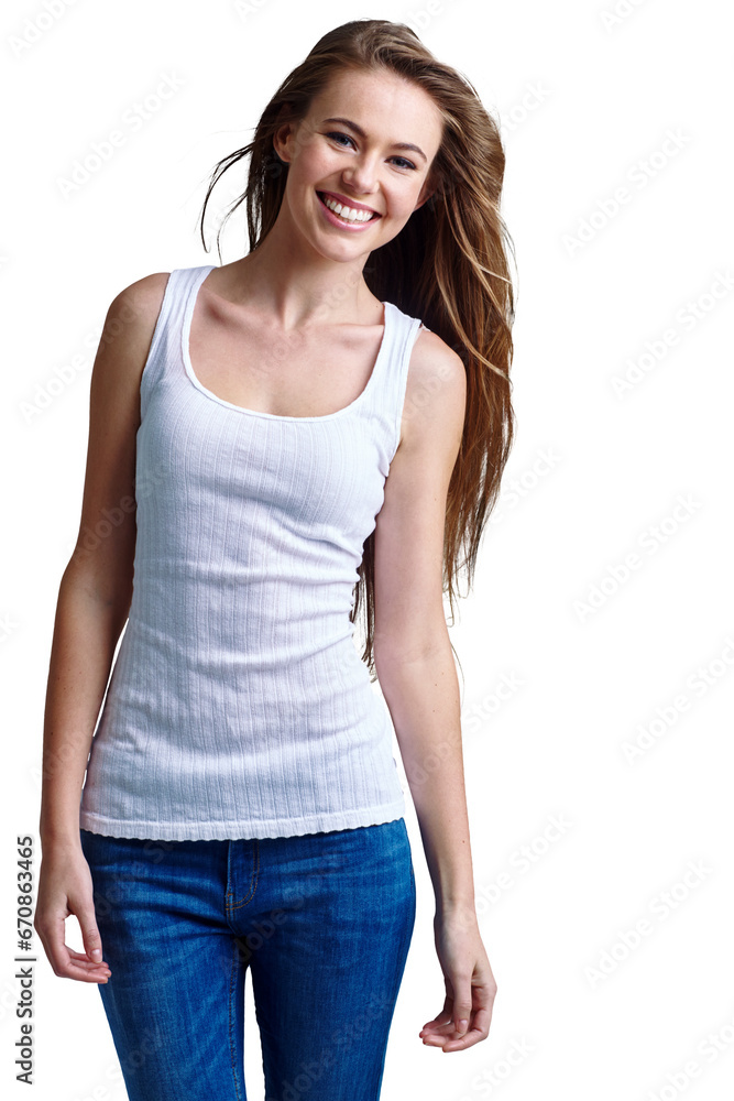 Obraz premium Portrait, fashion and gen z girl with stylish outfit on isolated, transparent and png background. Happy, face and female teenager with cool style, fashionable and contemporary, confidence and casual