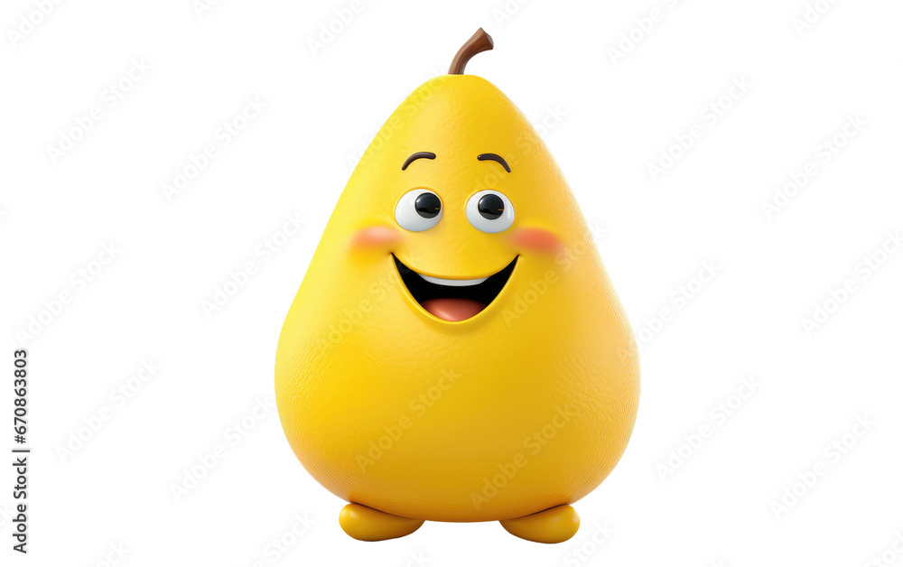 Healthy Fat Pear Fruit in Smiling Face 3D Character Isolated on Transparent Background PNG.