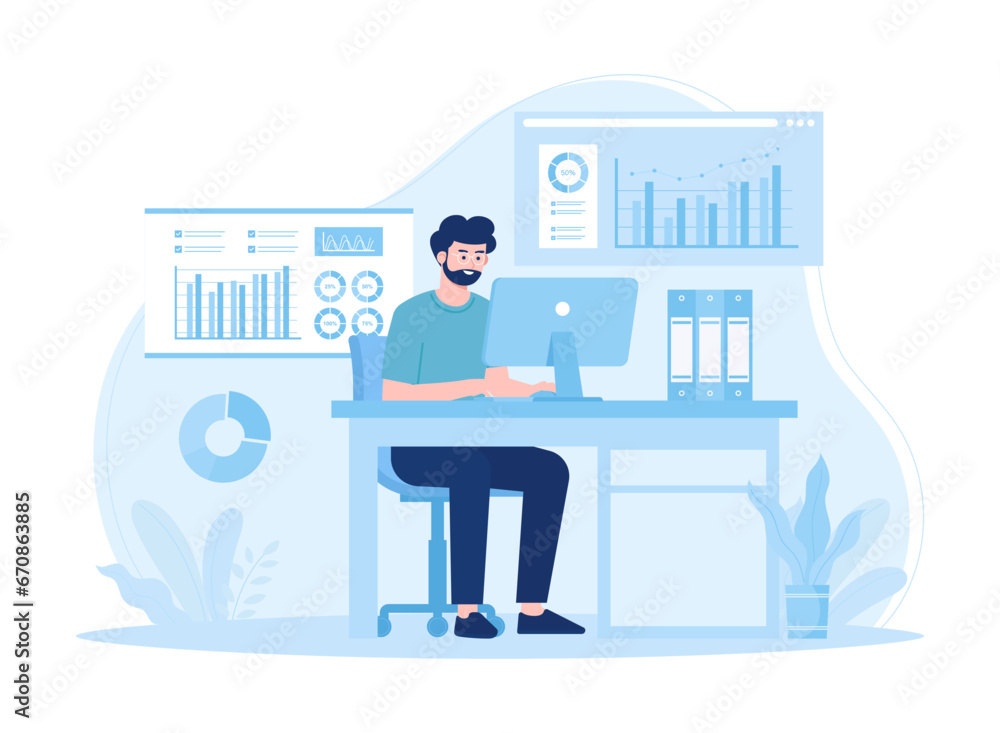 Fototapeta premium Analyzing work projects concept flat illustration