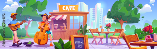 Street band performing near cafe in summer park. Vector cartoon illustration of musicians playing guitar, contrabass in public garden, tables and chairs near outdoor coffee shop, cityscape background