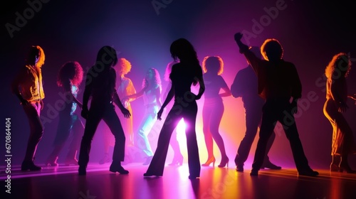 80s disco, people dancing, silhouette style lighting background. © morepiixel