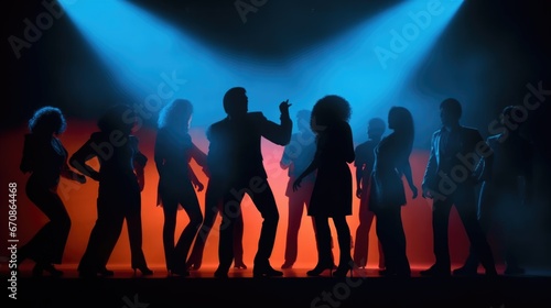 80s disco, people dancing, silhouette style lighting background.