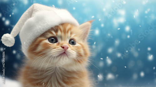 Adorable kitten in Santa hat over blurred snowy blue