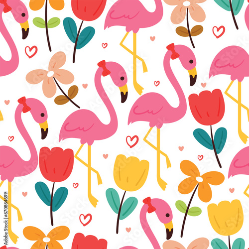 seamless pattern cartoon flamingo with flowers. cute illustration design. animal pattern for gift wrap paper