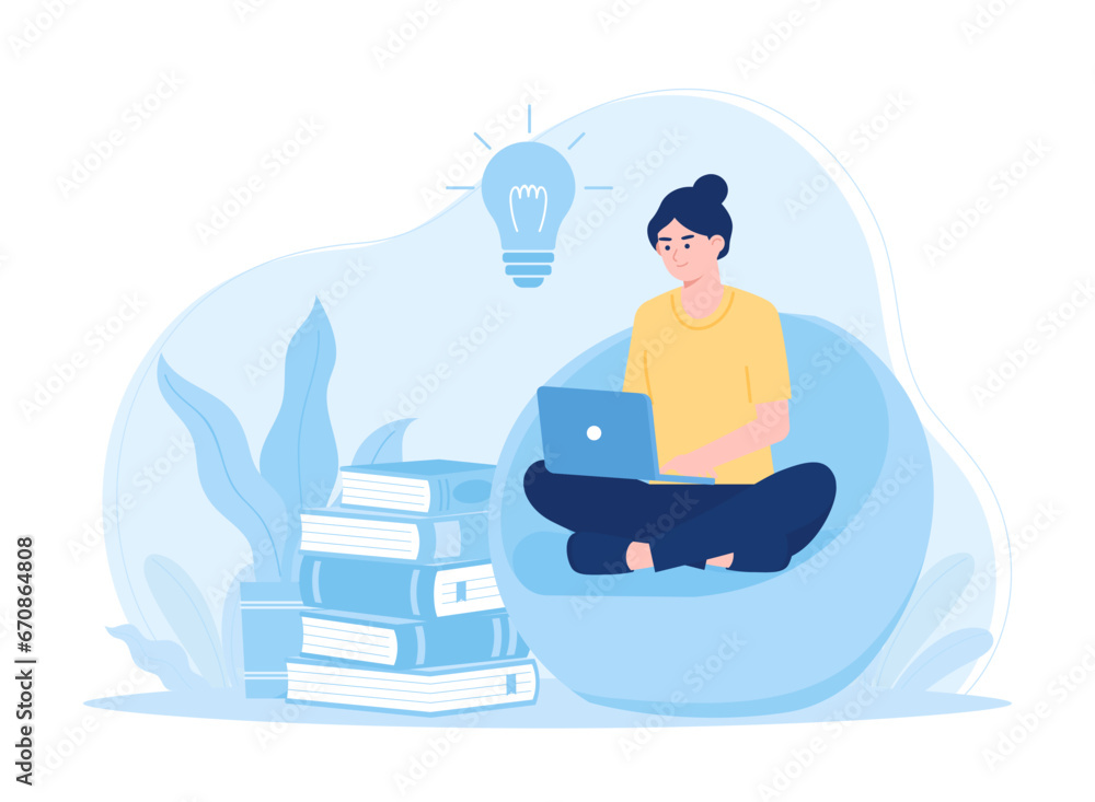 Woman studying learning book using laptop concept flat illustration