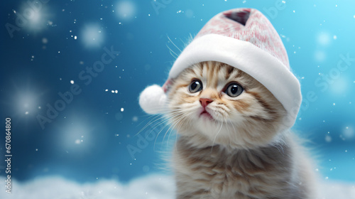 Adorable kitten in Santa hat over blurred snowy blue © khan