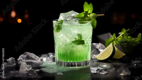 An icy allure of a frosty mint mojito cocktail, set against a cool, crystalline background evoking a refreshing chill amidst summer heat