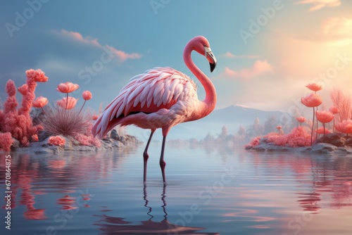 Pastel flamingo in a minimalist wetland, inviting viewers to connect with nature's beauty in calming pastels, Generative AI