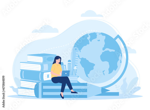 A person sits and reads a book of knowledge concept flat illustration