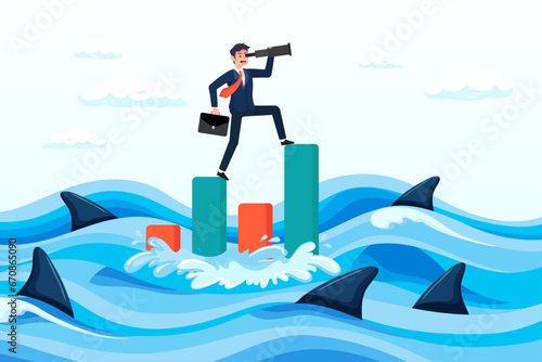 Businessman with telescope on risky graph, risk management for investment or stock trading, crypto currency or economic, market volatility or uncertainty challenge, investment strategy (Vector)