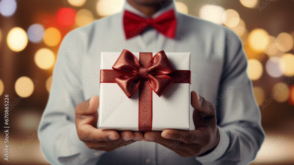 gift box in the hands of a man on a blurred background