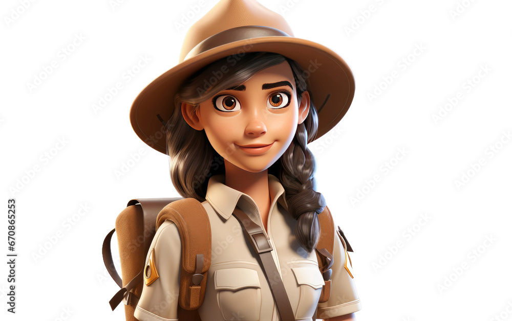Beautiful Scout Girl with Bag Pack 3D Character Isolated on Transparent Background PNG.