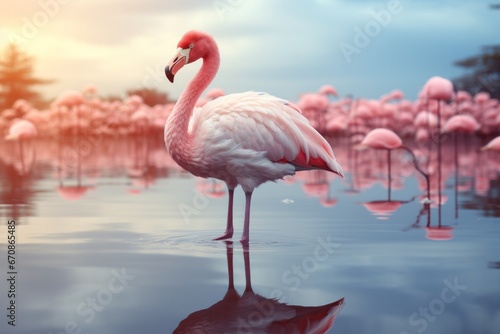 Pastel flamingo with a reflective stance, evoking a sense of calm and introspection in gentle pastel tones, Generative AI