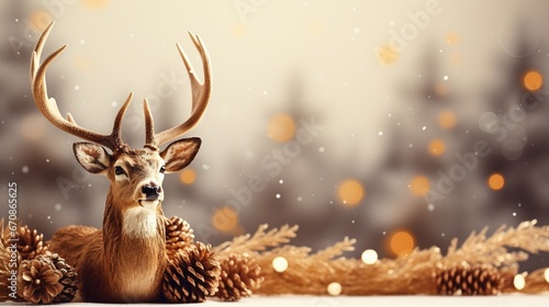 Composition for Christmas and New Year. On a white background, golden deer and pine cones lie behind Booker on a dark background.