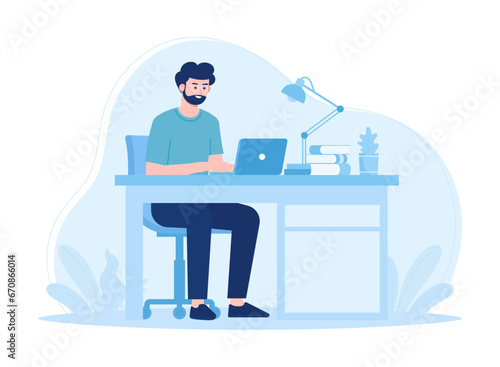 A man studying at a study table concept flat illustration