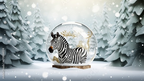 Greeting card for Christmas or New Year. Inside a glass transparent ball is a Zebra with colorful Christmas trees surrounding it on snow covered moss with a winter forest in the background. Christmas 