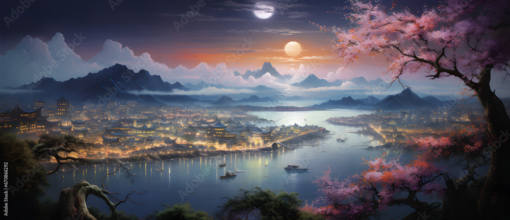 A night scene painting with palace river houses mountains and full moon 4