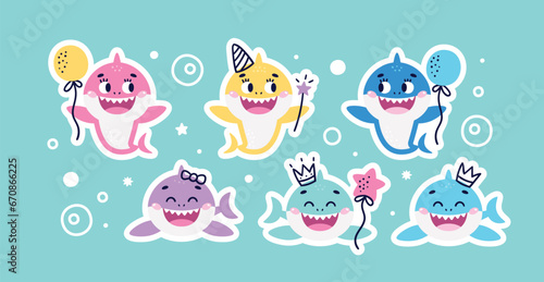 Set of Baby Shark Birthday cute vector marine colorful stickers. Ideal for kids cards, prints, anniversary, invitation