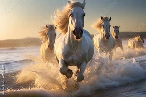 gorgeous white horses running on the sea shore in morning light photo