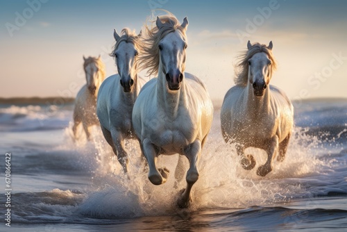 gorgeous white horses running on the sea shore in morning light